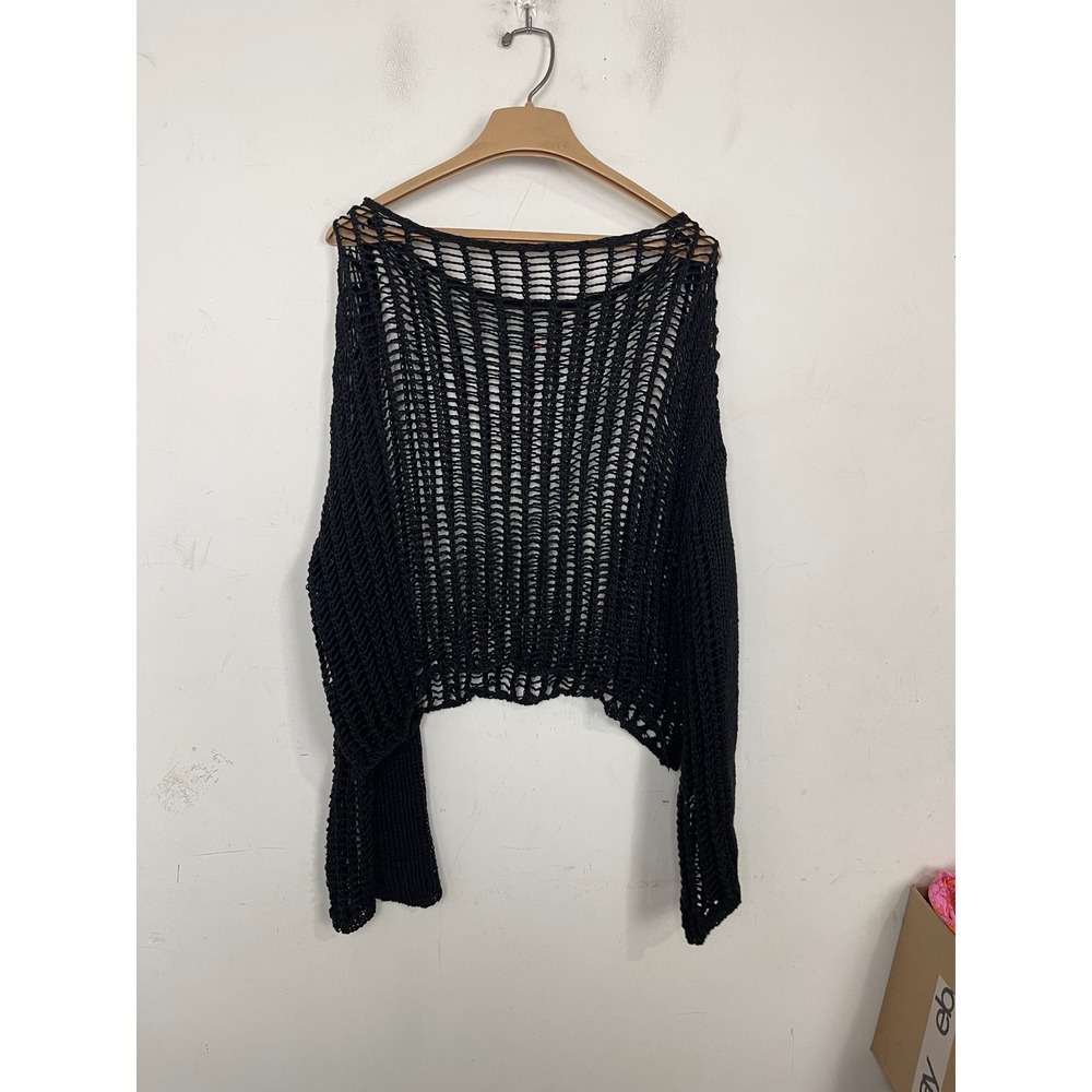 SHEIN Womens Black Open Knit Crochet Sheer Mesh Boxy Crop Sweater‎ Large L - Picture 5 of 8